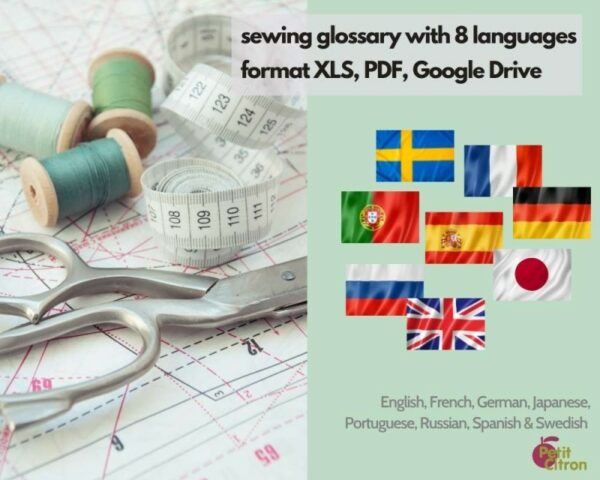 Glossaire de couture, 8 langues : allemand, anglais, espagnol, français, japonais, portugais, russe et suédois