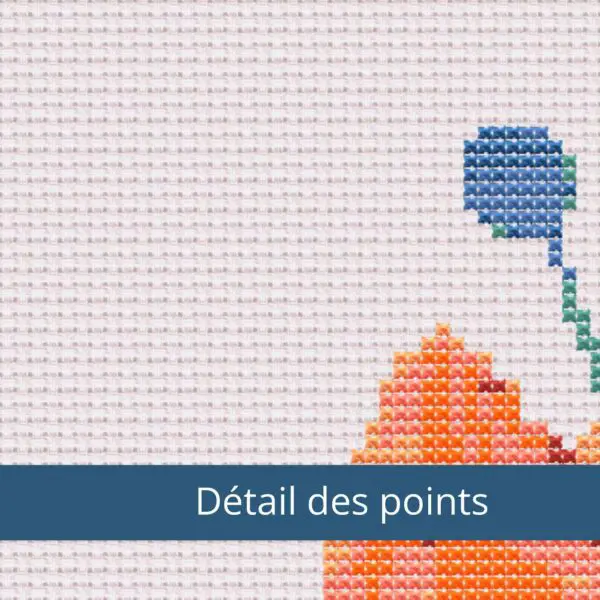 détail des points fleur bleue et orange