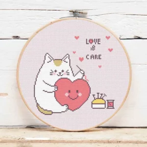 présentation toile point de croix Chat et coeur kawaii