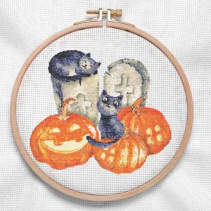 présentation toile point de croix Aquarelle chats Halloween