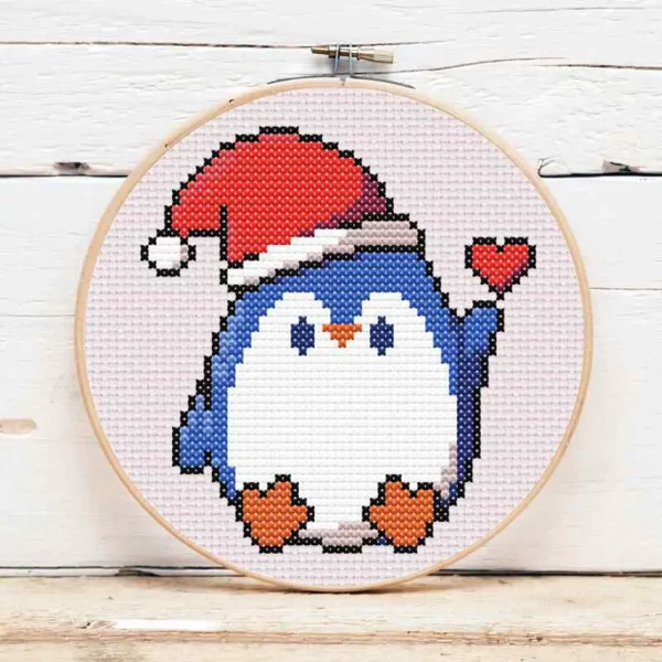 présentation toile point de croix Pingouin de Noël